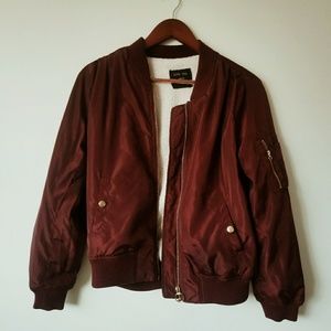 Burgundy Bomber Jacket with Faux Shearling